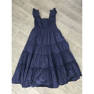Kourt Navy Blue Smocked Tiered Midi Dress Cotton Ruffle Strap Size Large Pockets